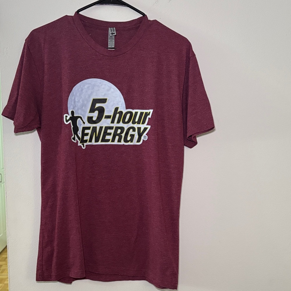 5-Hour Energy Graphic Golf T-Shirt Burgundy Red Logo Tee Size M NWOT